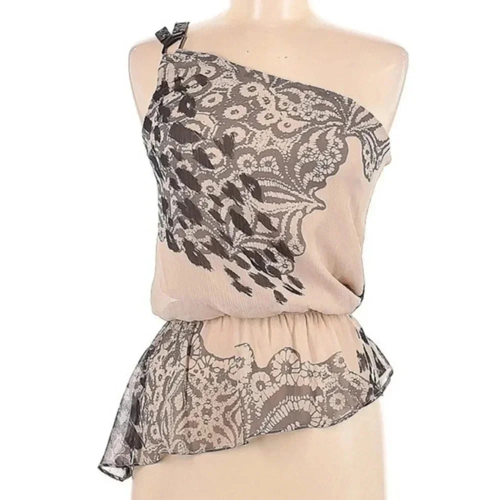 Guess One Shoulder Cream & Black Bohemian Print Blouse Size XS